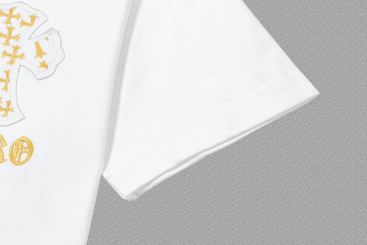 🅿️200 [CH Crow Heart] 2025FW short-sleeved T-shirt, patch embroidery, high-end 26s double yarn 300g fabric, heavy fabric, custom stretcher rib, same cylinder and dye, complete three standards, same style for men and women, color: black, white, size: S M L XL 2XL